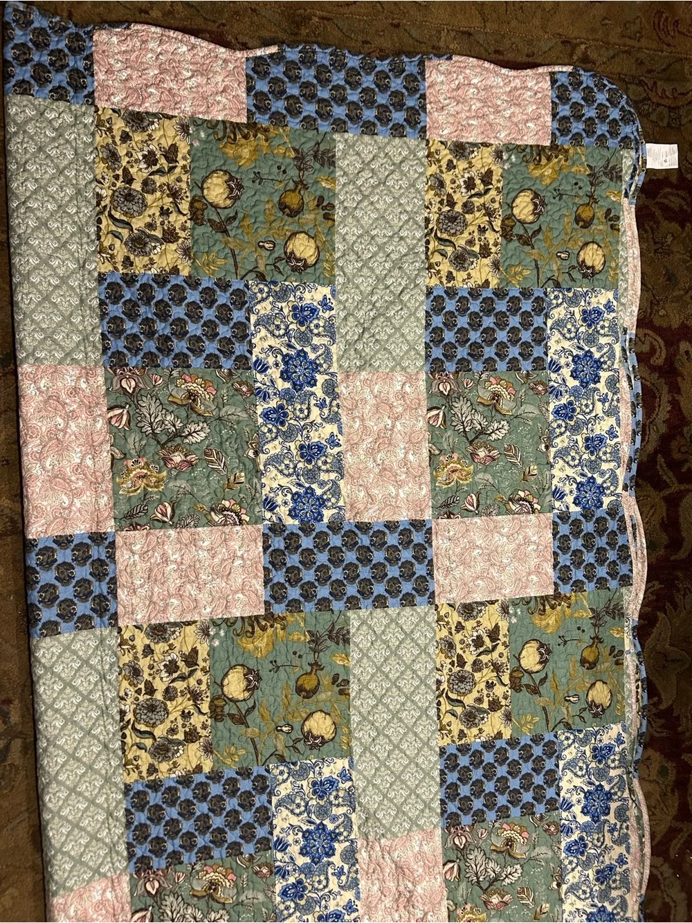 MarCielo Pink Blue Green Yellow White Patchwork 98x102 Inches Cottagecore Quilt